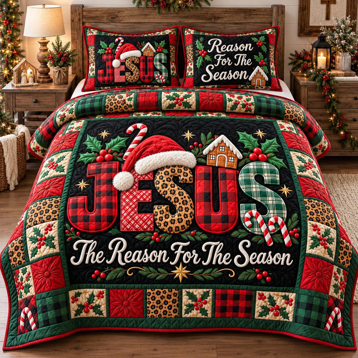 Jesus Christmas Faith quilted 3-piece bedding set on a made bed in a winter-styled bedroom