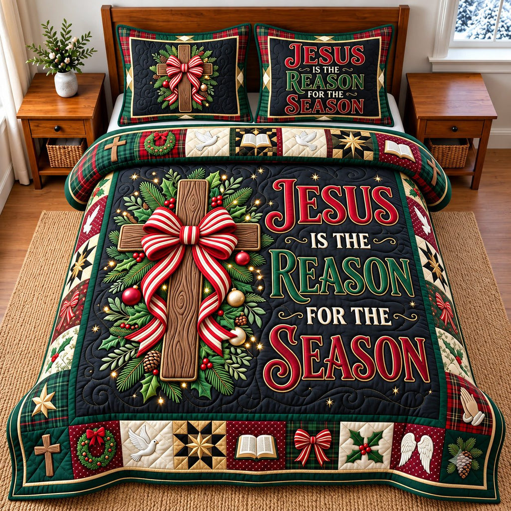 Jesus Christmas quilted 3-piece bedding set on a made bed in a winter-styled bedroom