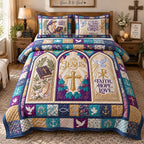Jesus Faith Hope Love quilted 3-piece bedding set on a made bed in a softly lit bedroom