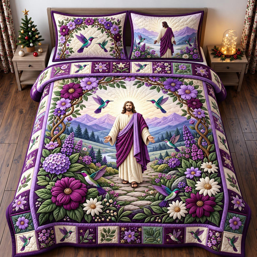 Jesus Garden quilted 3-piece bedding set on a made bed in a softly lit bedroom