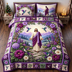 Jesus Garden quilted 3-piece bedding set on a made bed in a softly lit bedroom