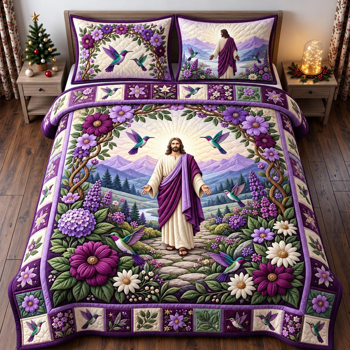 Jesus Garden quilted 3-piece bedding set on a made bed in a softly lit bedroom