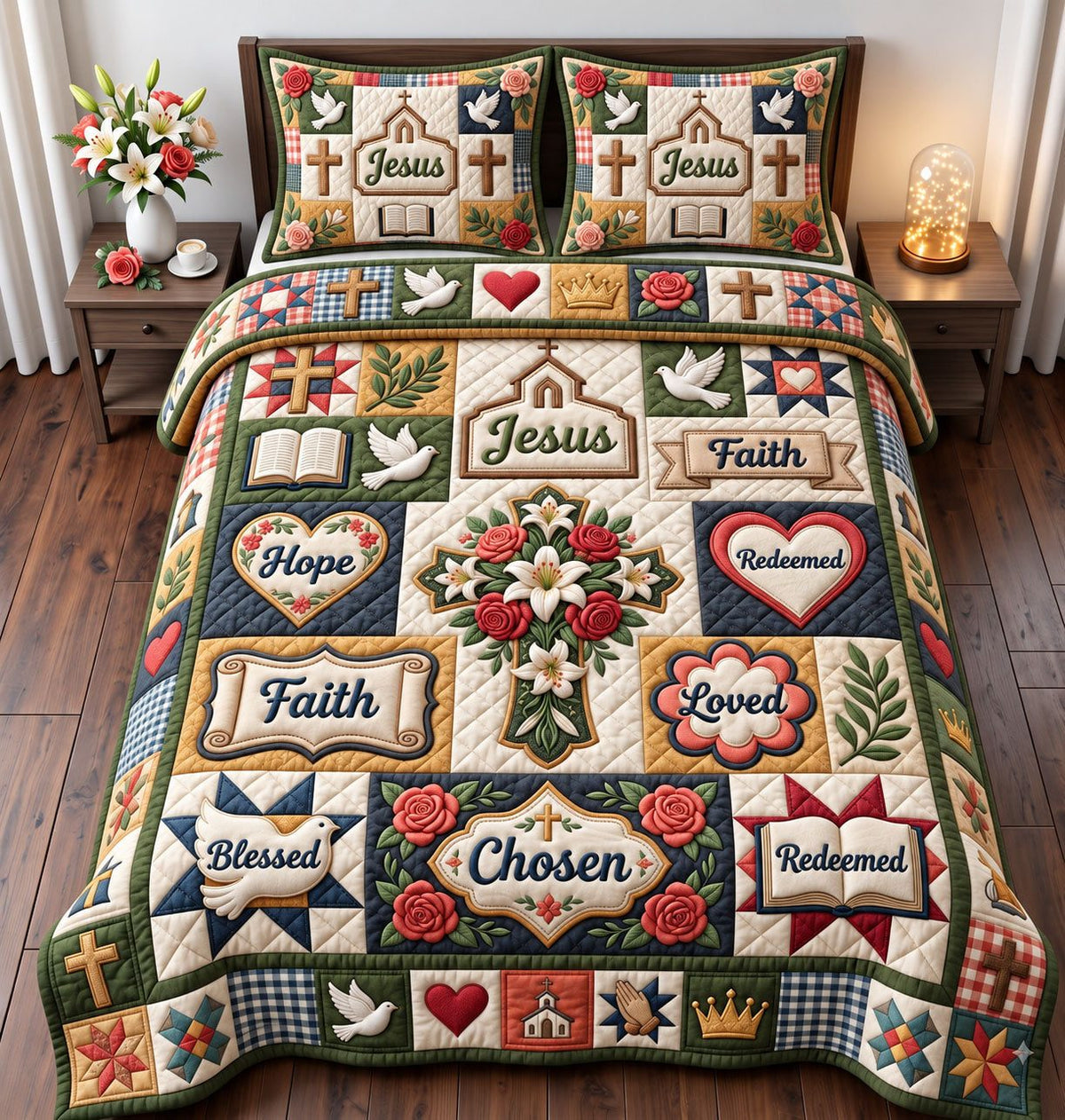 Jesus Hope Faith Patchwork quilted 3-piece bedding set on a made bed in a softly lit bedroom