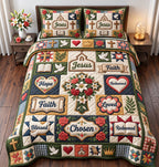 Jesus Hope Faith Patchwork quilted 3-piece bedding set on a made bed in a softly lit bedroom