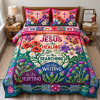 Jesus In Every Season quilted 3-piece bedding set on a made bed in a softly lit bedroom