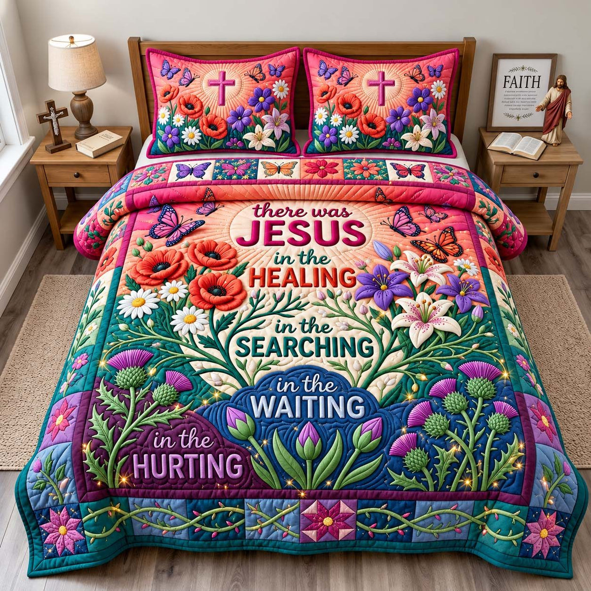 Jesus In Every Season quilted 3-piece bedding set on a made bed in a softly lit bedroom