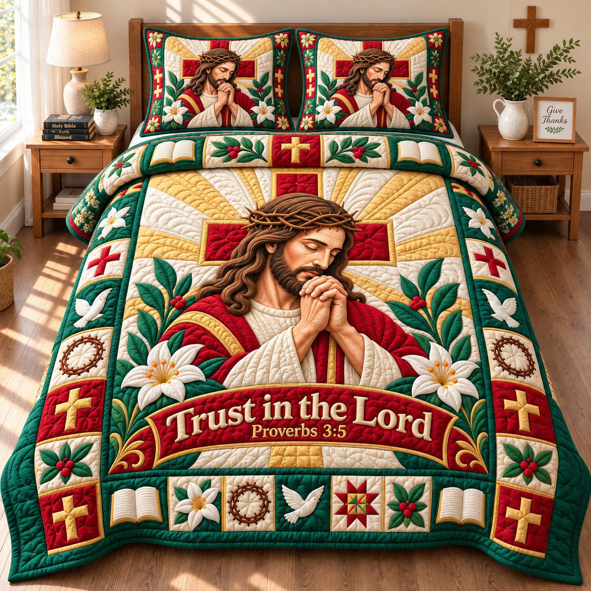 Jesus In Prayer quilted 3-piece bedding set on a made bed in a softly lit bedroom