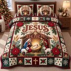 Jesus Is Born quilted 3-piece bedding set on a made bed in a softly lit bedroom