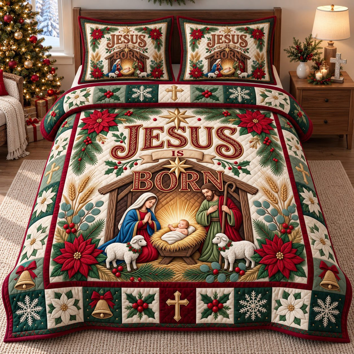 Jesus Is Born quilted 3-piece bedding set on a made bed in a softly lit bedroom