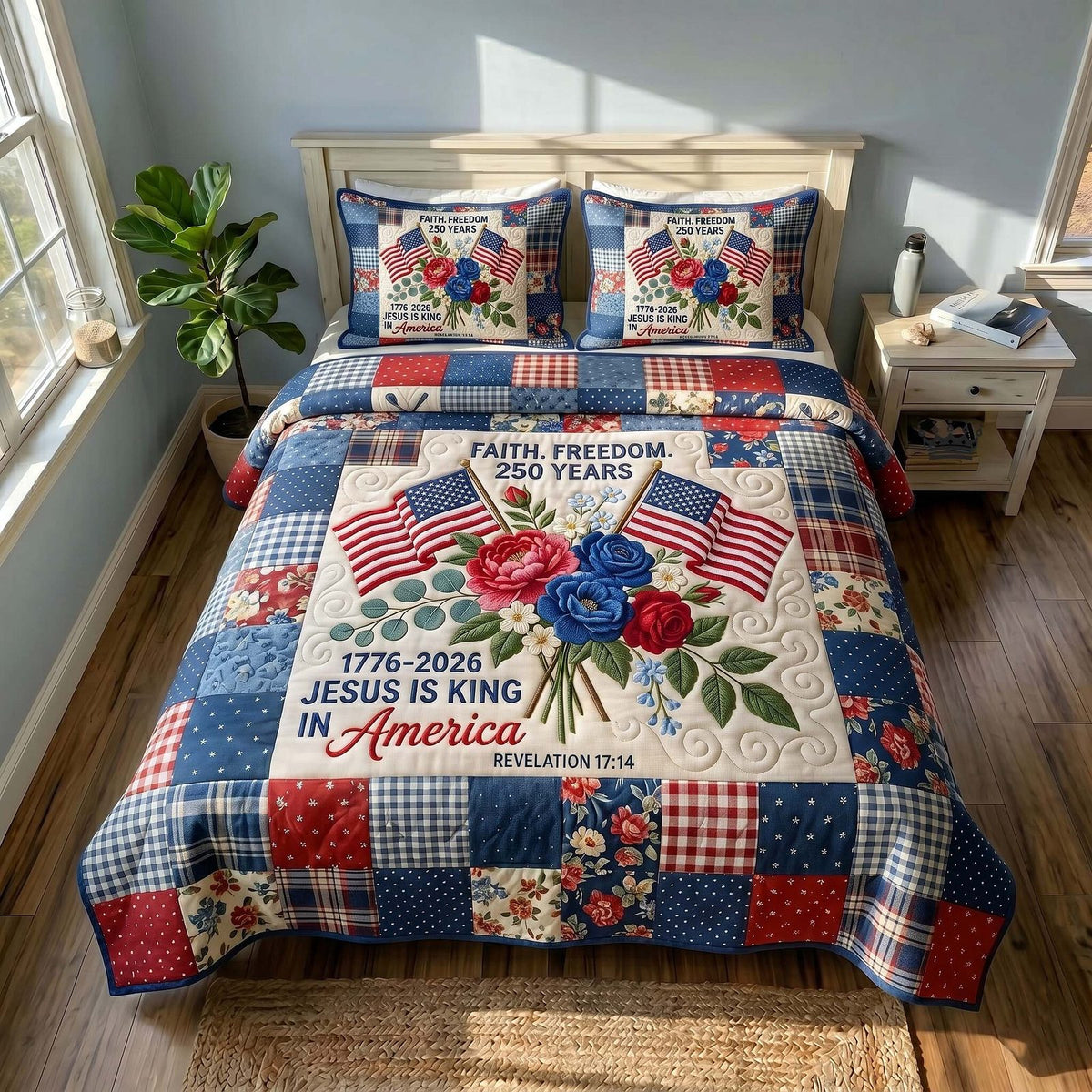 Jesus Is King America 250 quilted 3-piece bedding set on a made bed in a warmly lit bedroom