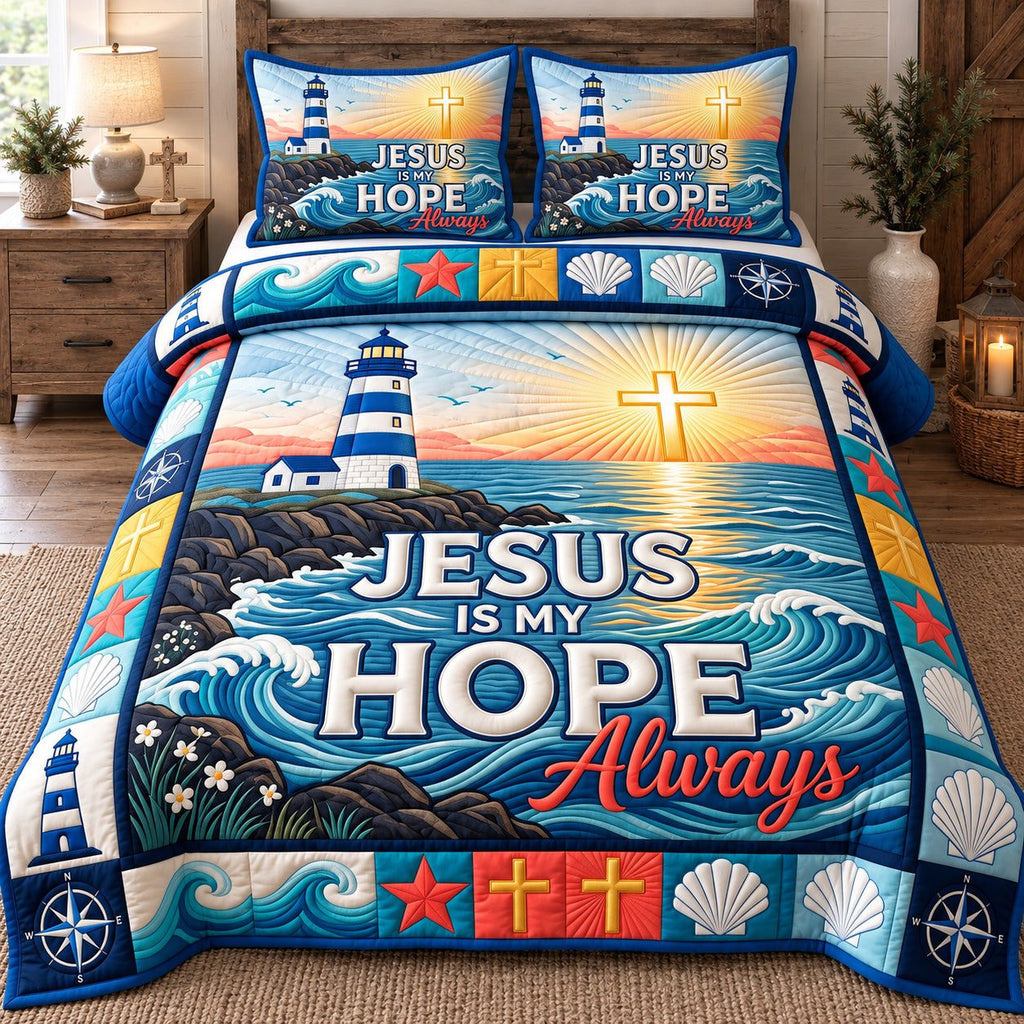 Jesus Is My Hope quilted 3-piece bedding set on a made bed in a softly lit bedroom