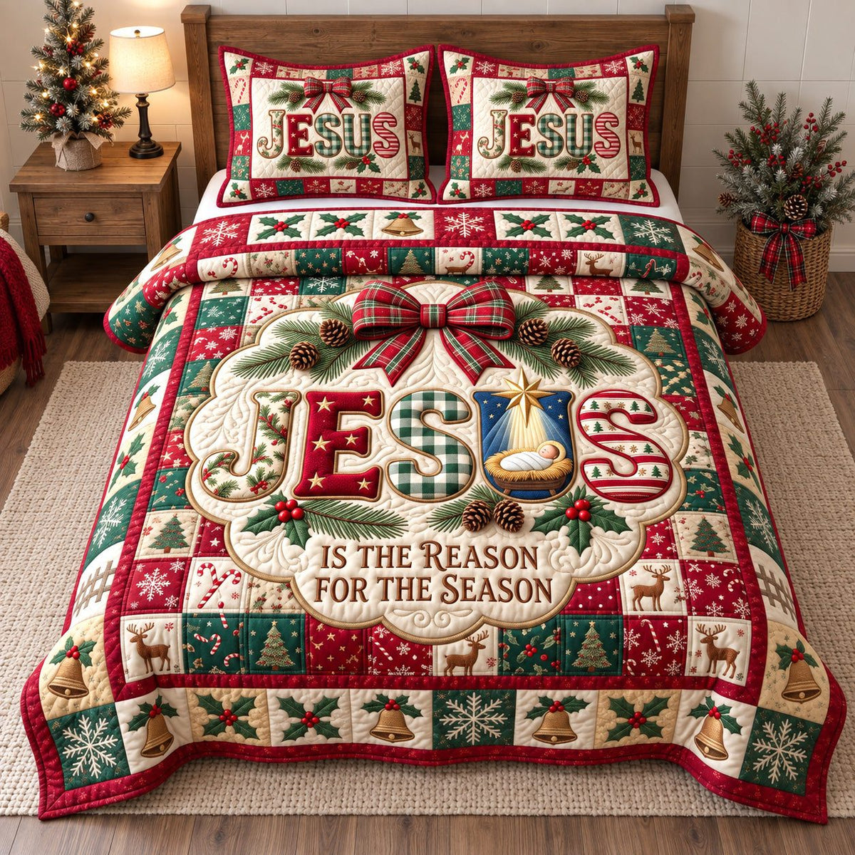 Jesus Letters Reason For The Season quilted 3-piece bedding set on a made bed in a softly lit bedroom