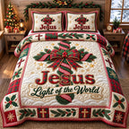 Jesus Light Of The World Christmas quilted 3-piece bedding set on a made bed in a winter-styled bedroom