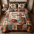 Jesus Loves Me Boots quilted 3-piece bedding set on a made bed in a softly lit bedroom