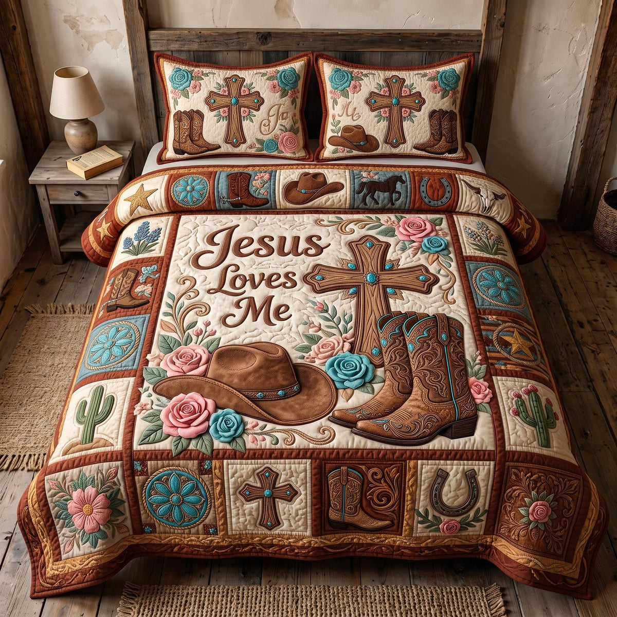 Jesus Loves Me Boots quilted 3-piece bedding set on a made bed in a softly lit bedroom