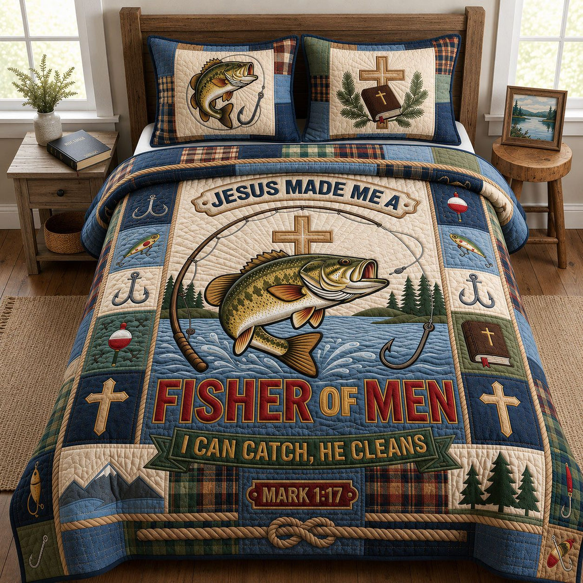 Jesus Made Me Fisher Of Men quilted 3-piece bedding set on a made bed in a softly lit bedroom
