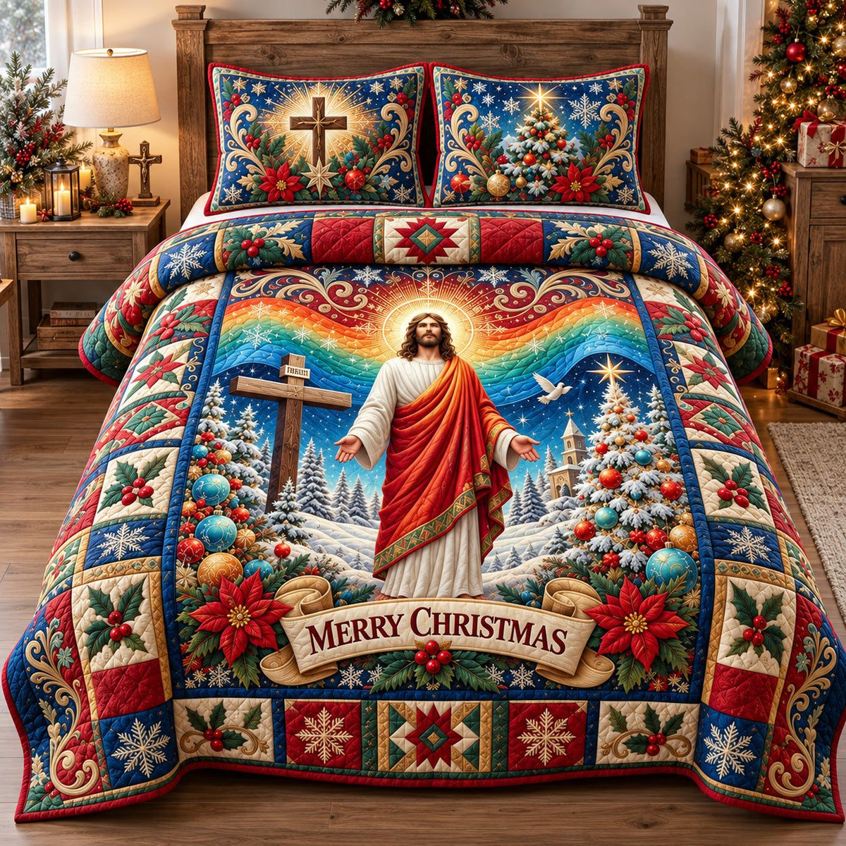 Jesus Merry Christmas quilted 3-piece bedding set on a made bed in a winter-styled bedroom