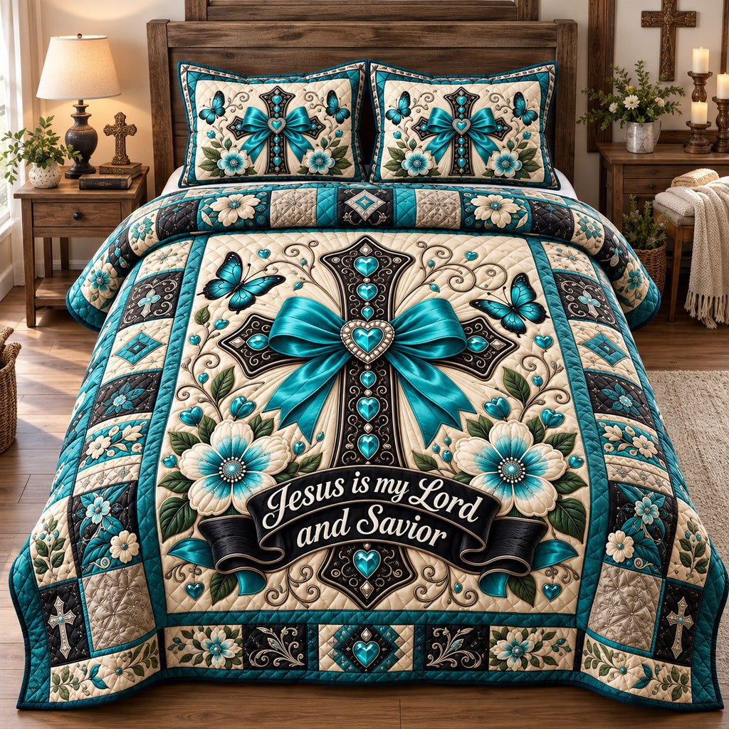 Jesus My Lord And Savior quilted 3-piece bedding set on a made bed in a softly lit bedroom