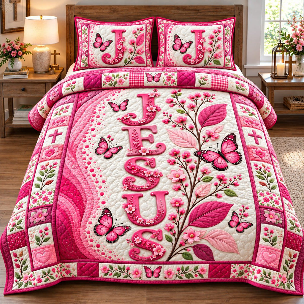 Jesus Pink Butterfly Garden quilted 3-piece bedding set on a made bed in a softly lit bedroom