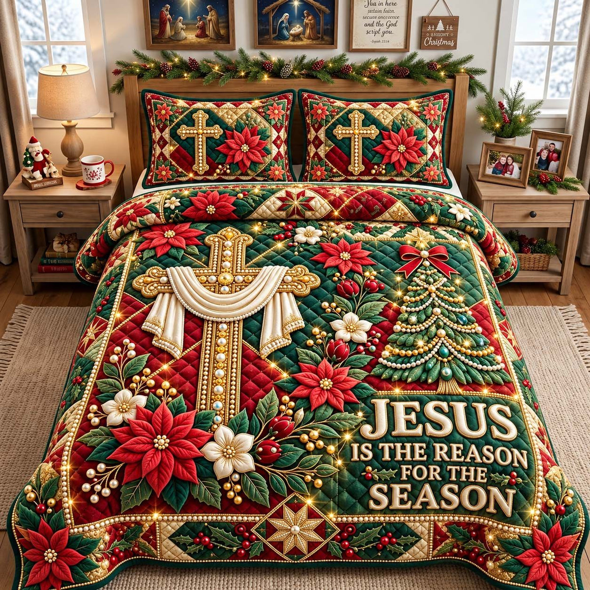Jesus Poinsettia Cross quilted 3-piece bedding set on a made bed in a winter-styled bedroom