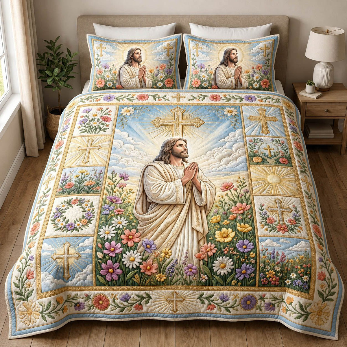 Jesus Praying Cream quilted 3-piece bedding set on a made bed in a softly lit bedroom
