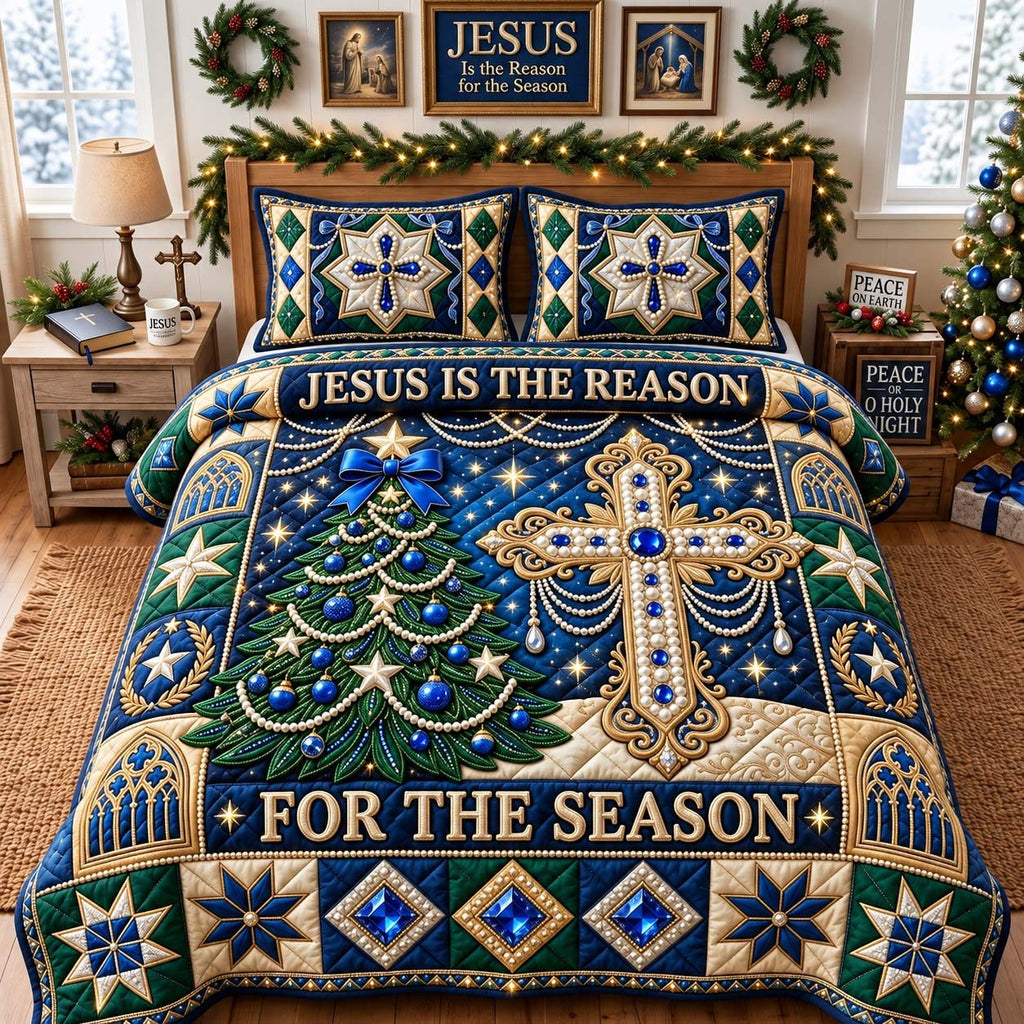 Jesus Reason Christmas Cross quilted 3-piece bedding set on a made bed in a winter-styled bedroom