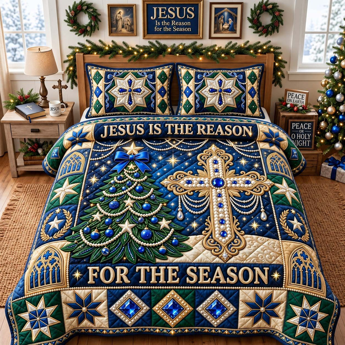 Jesus Reason Christmas Cross quilted 3-piece bedding set on a made bed in a winter-styled bedroom
