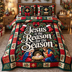 Jesus Reason For The Season quilted 3-piece bedding set on a made bed in a softly lit bedroom
