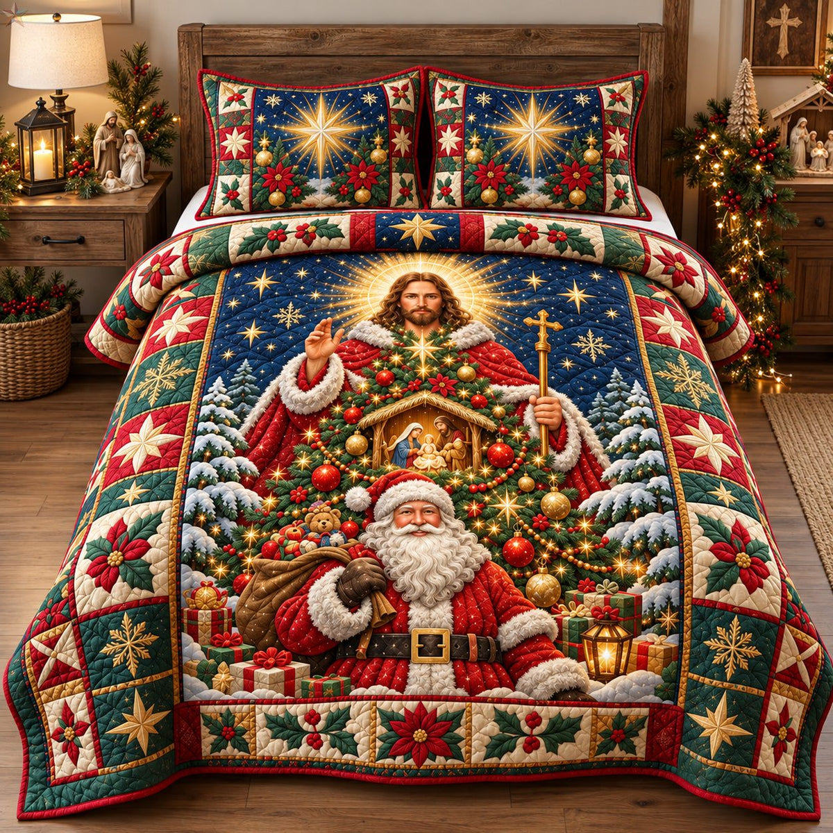 Jesus Santa Christmas quilted 3-piece bedding set on a made bed in a winter-styled bedroom