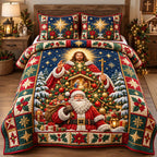 Jesus Santa Christmas quilted 3-piece bedding set on a made bed in a winter-styled bedroom