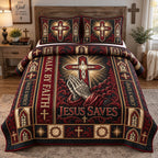 Jesus Saves Faith quilted 3-piece bedding set on a made bed in a softly lit bedroom