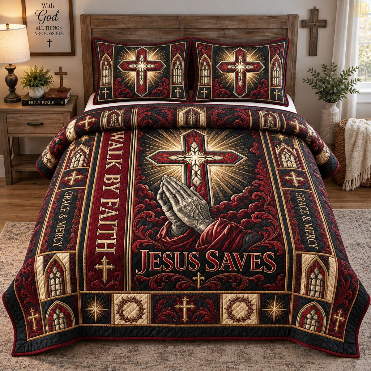 Jesus Saves Faith quilted 3-piece bedding set on a made bed in a softly lit bedroom