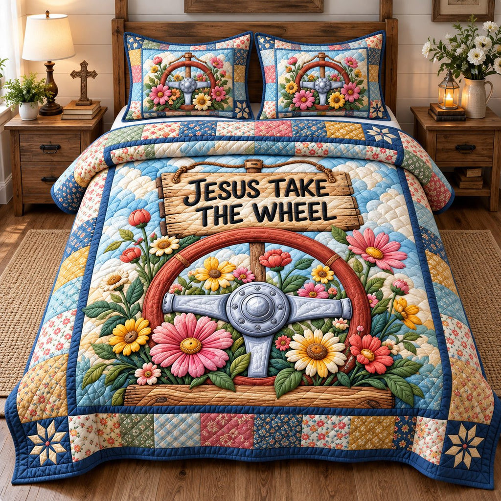 Jesus Take The Wheel quilted 3-piece bedding set on a made bed in a softly lit bedroom