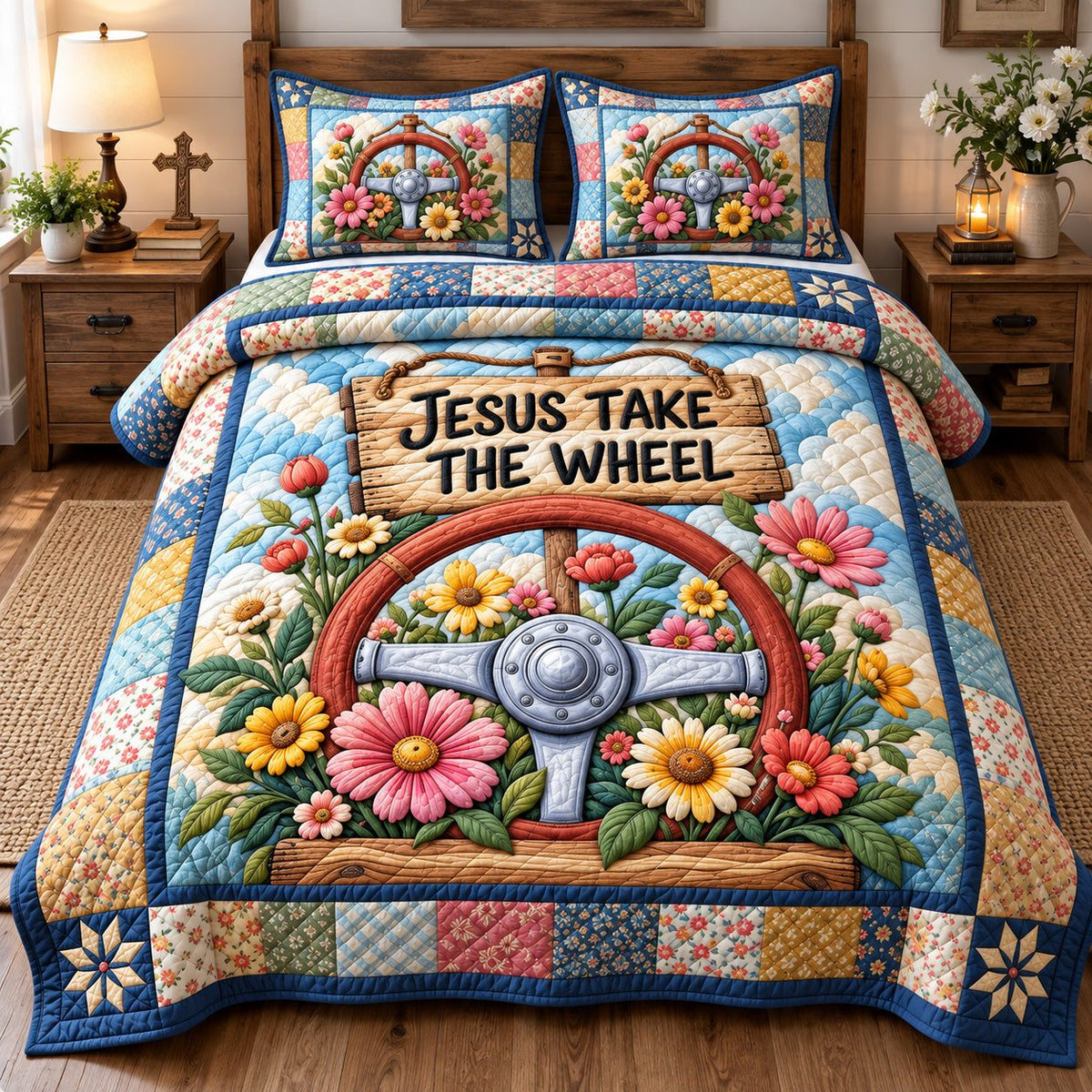 Jesus Take The Wheel quilted 3-piece bedding set on a made bed in a softly lit bedroom