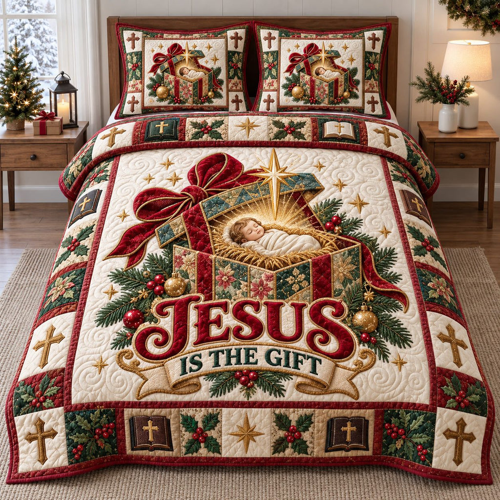 Jesus The Gift quilted 3-piece bedding set on a made bed in a softly lit bedroom