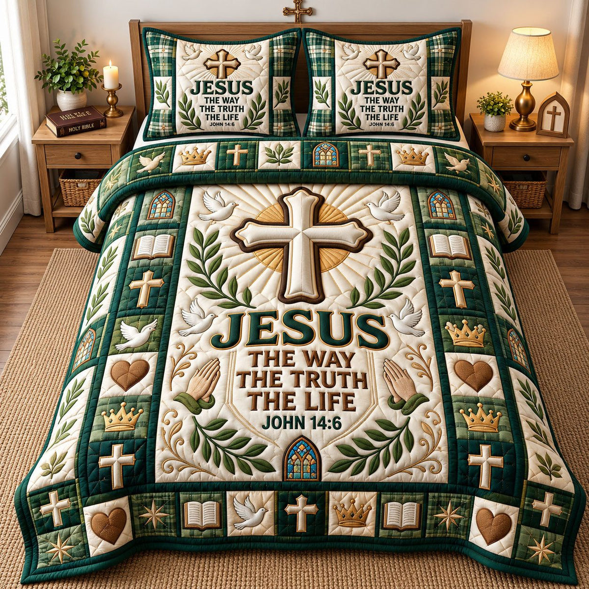 Jesus The Way Green Cross quilted 3-piece bedding set on a made bed in a softly lit bedroom