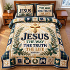 Jesus The Way quilted 3-piece bedding set on a made bed in a softly lit bedroom
