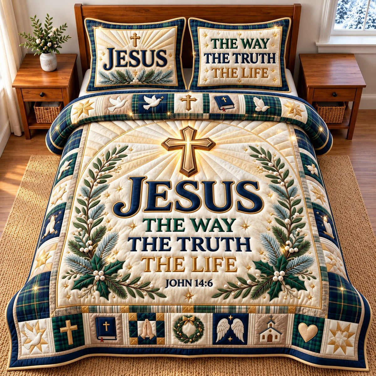 Jesus The Way quilted 3-piece bedding set on a made bed in a softly lit bedroom