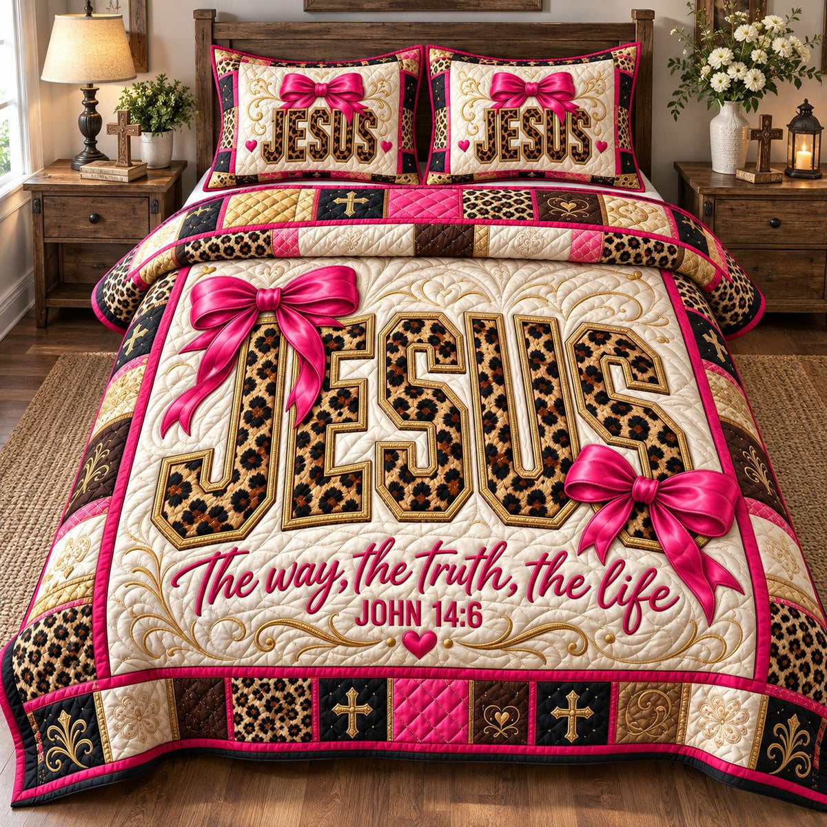 Jesus The Way The Truth The Life quilted 3-piece bedding set on a made bed in a softly lit bedroom
