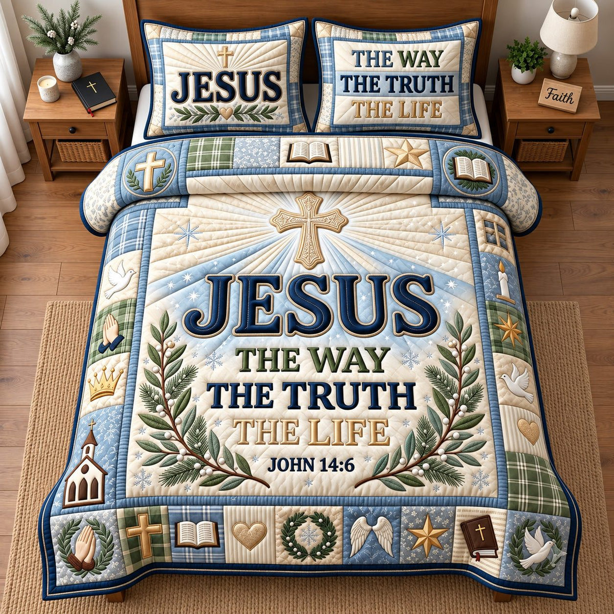 Jesus Truth Life quilted 3-piece bedding set on a made bed in a softly lit bedroom