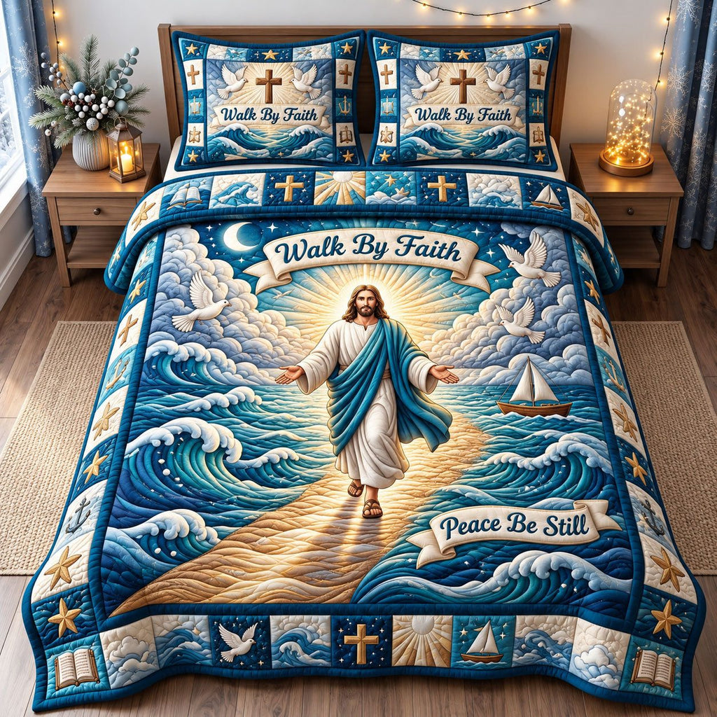 Jesus Walking On Waves quilted 3-piece bedding set on a made bed in a softly lit bedroom