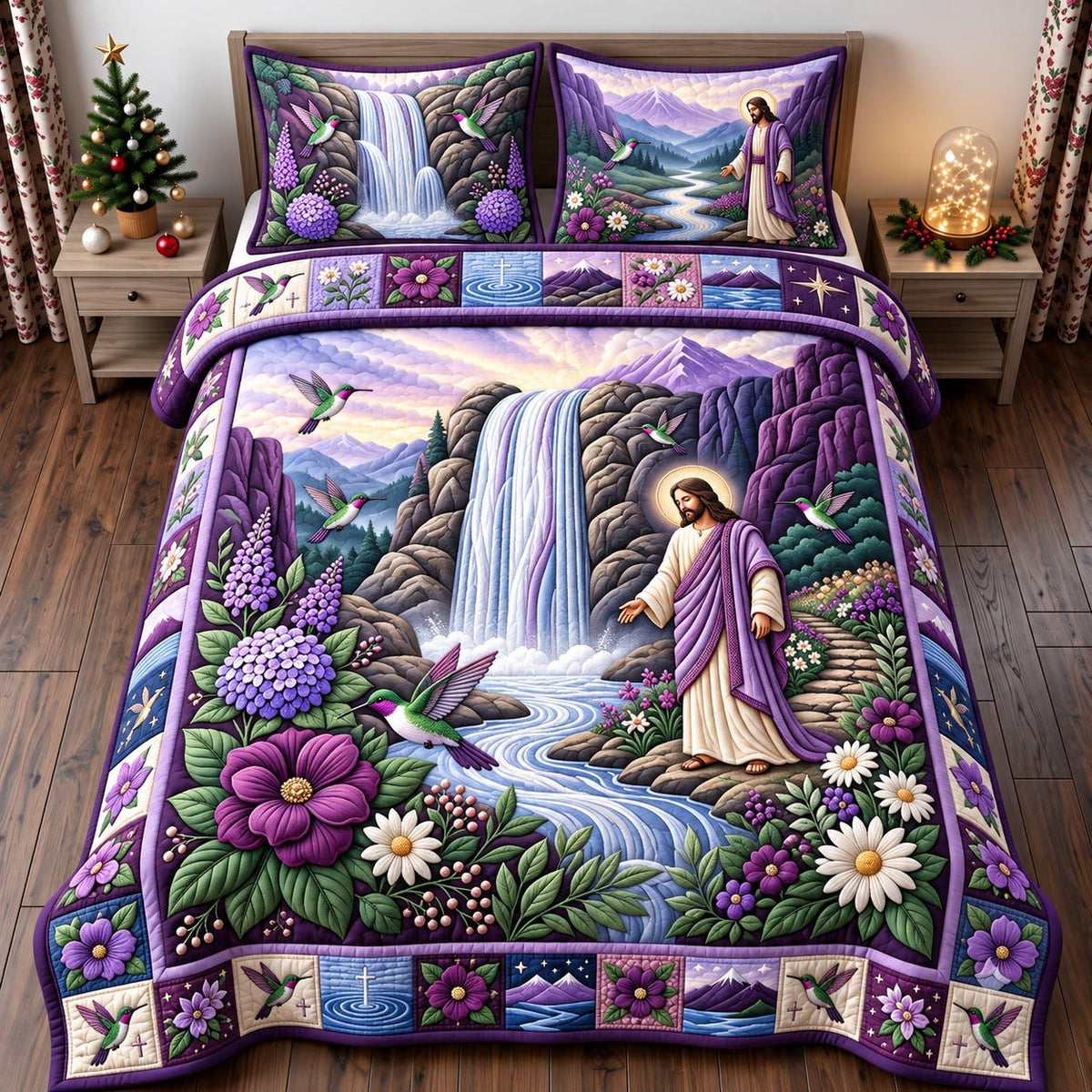 Jesus Waterfall quilted 3-piece bedding set on a made bed in a softly lit bedroom