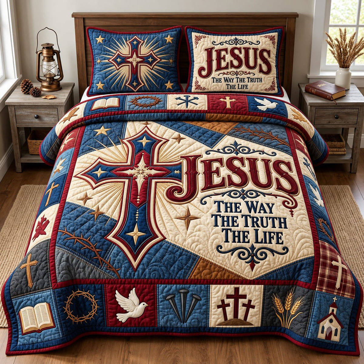 Jesus Way Truth Life Patchwork Cross quilted 3-piece bedding set on a made bed in a softly lit bedroom