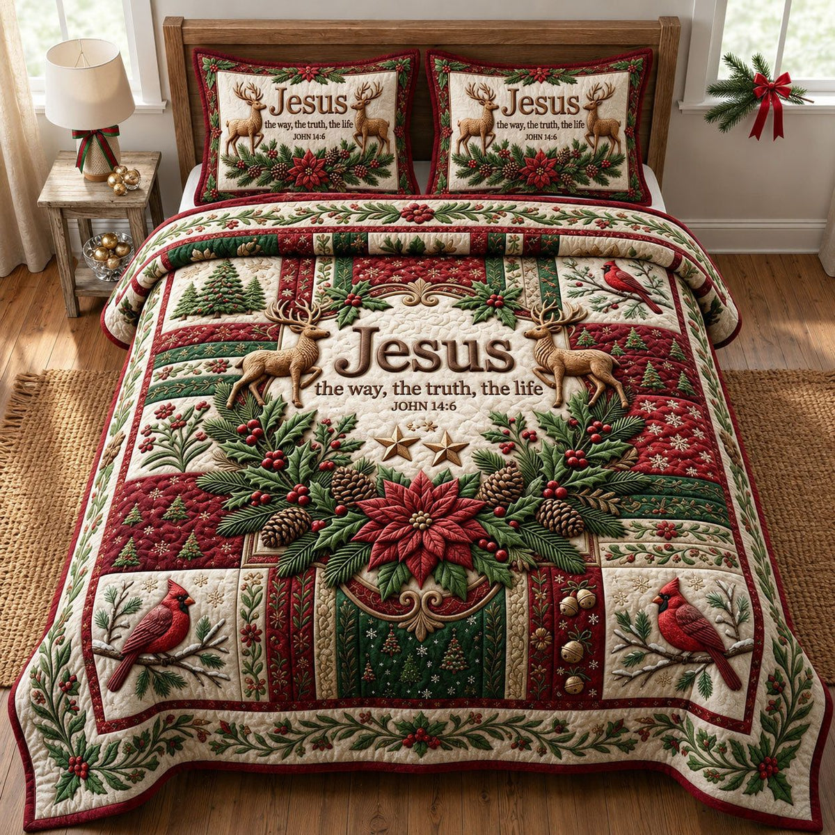 Jesus Way Truth Poinsettia quilted 3-piece bedding set on a made bed in a winter-styled bedroom