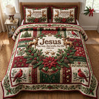 Jesus Way Truth Poinsettia quilted 3-piece bedding set on a made bed in a winter-styled bedroom