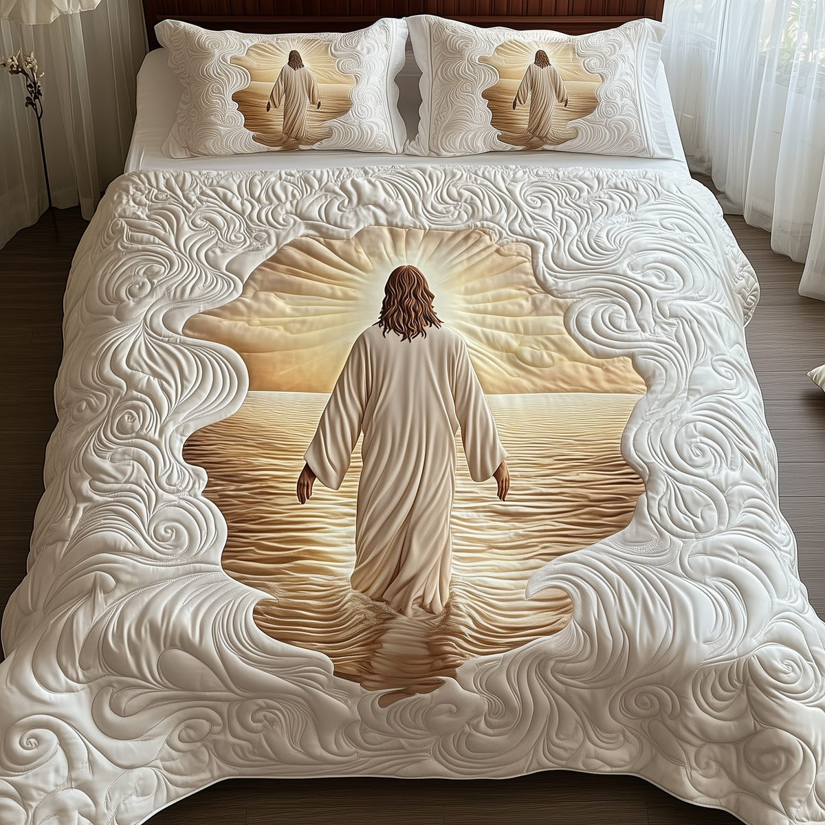 Jesus White Path quilted 3-piece bedding set on a made bed in a softly lit bedroom