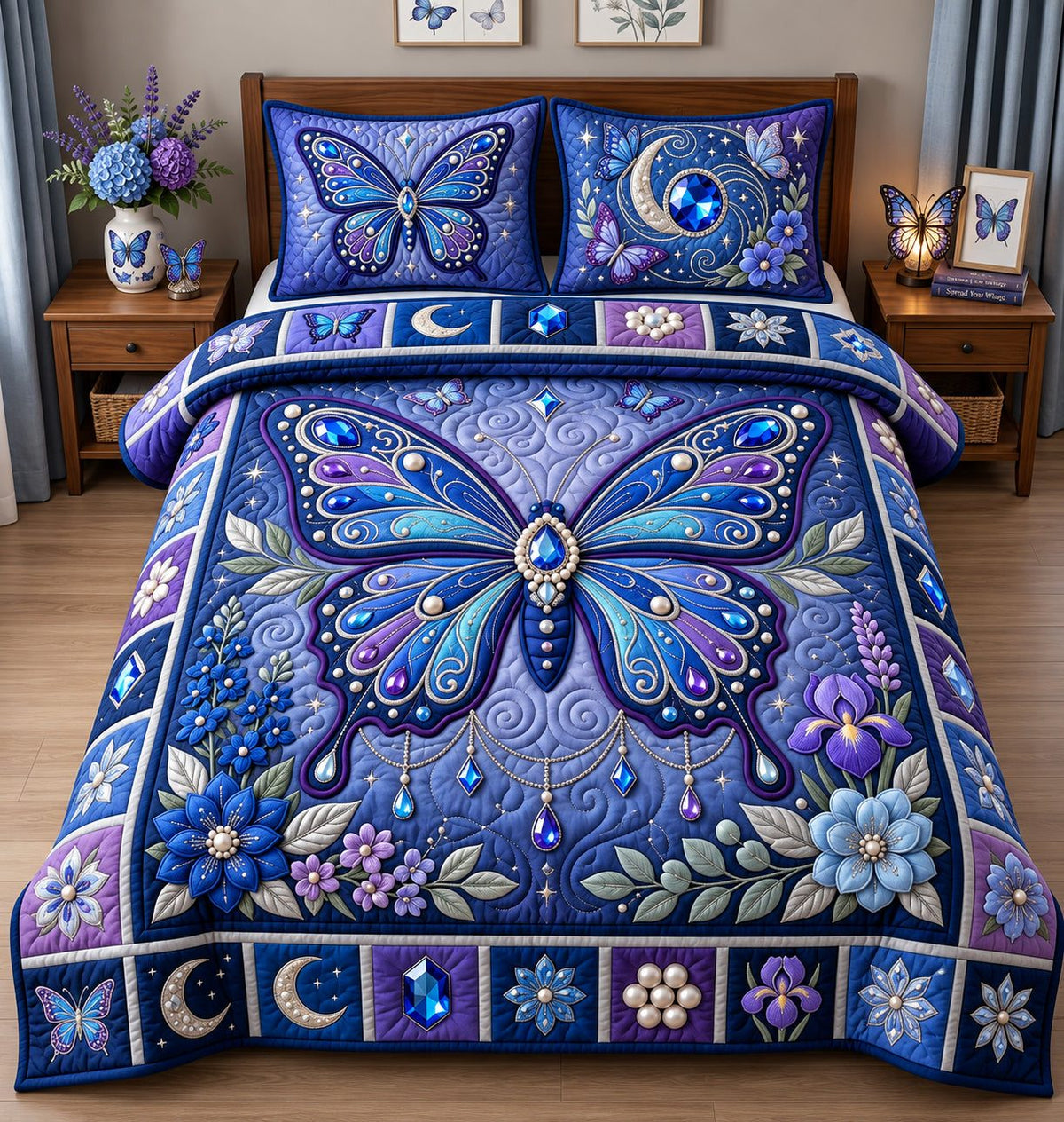 Jeweled Butterfly quilted 3-piece bedding set on a made bed with two matching pillow shams