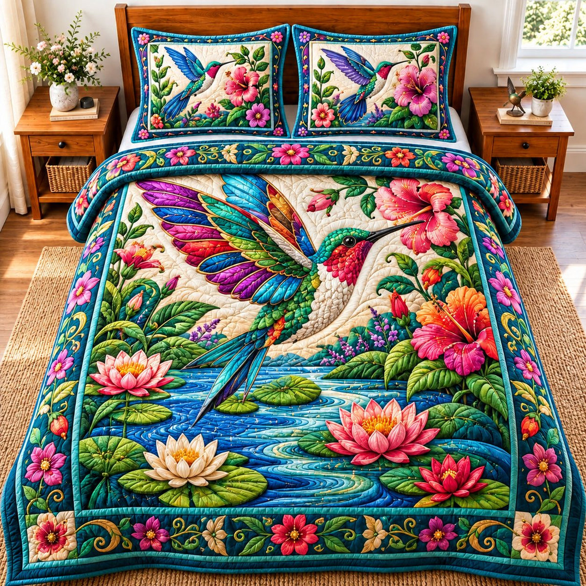 Jeweled Hummingbird Water Garden quilted 3-piece bedding set on a made bed with two matching pillow shams