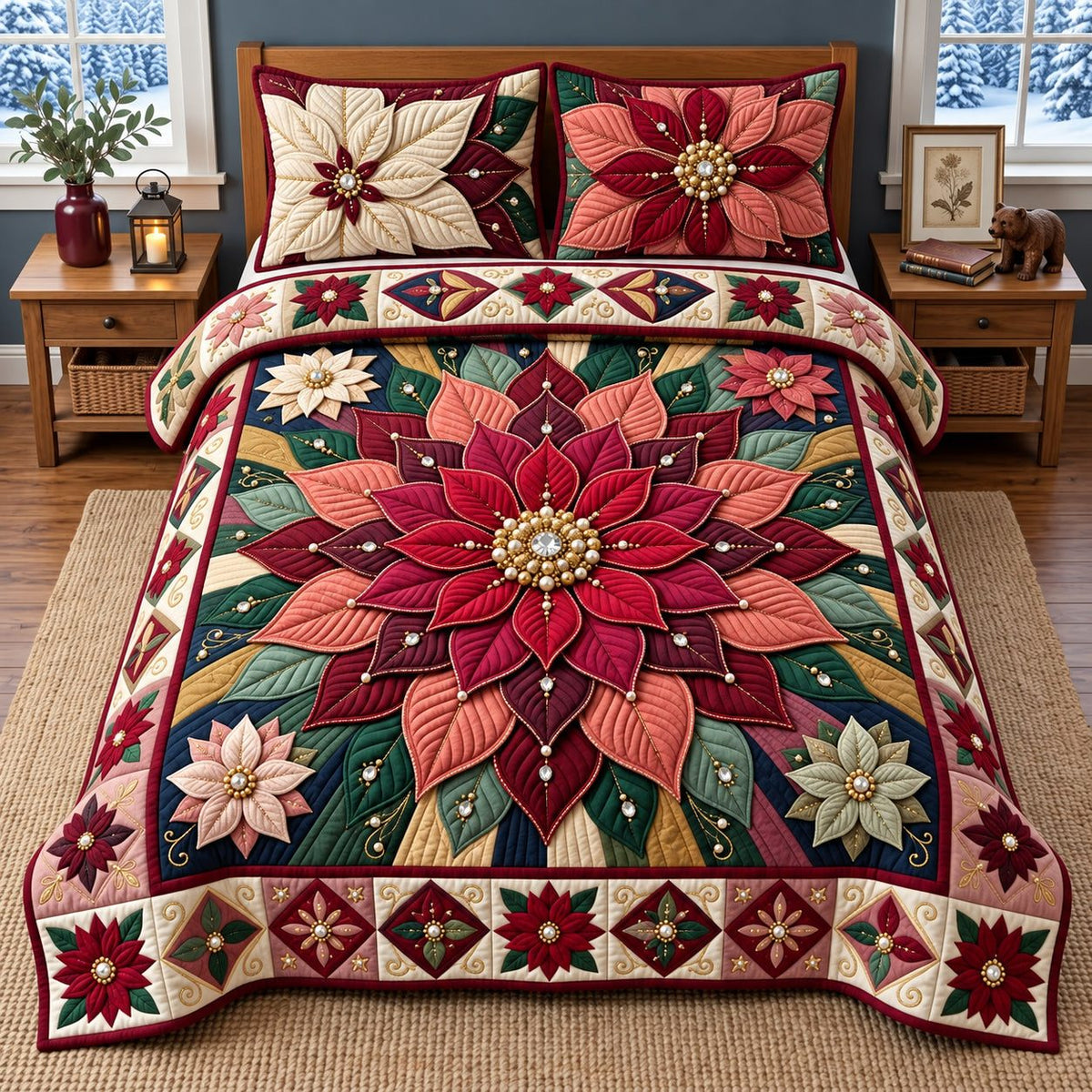Jeweled Poinsettia quilted 3-piece bedding set on a made bed in a winter-styled bedroom