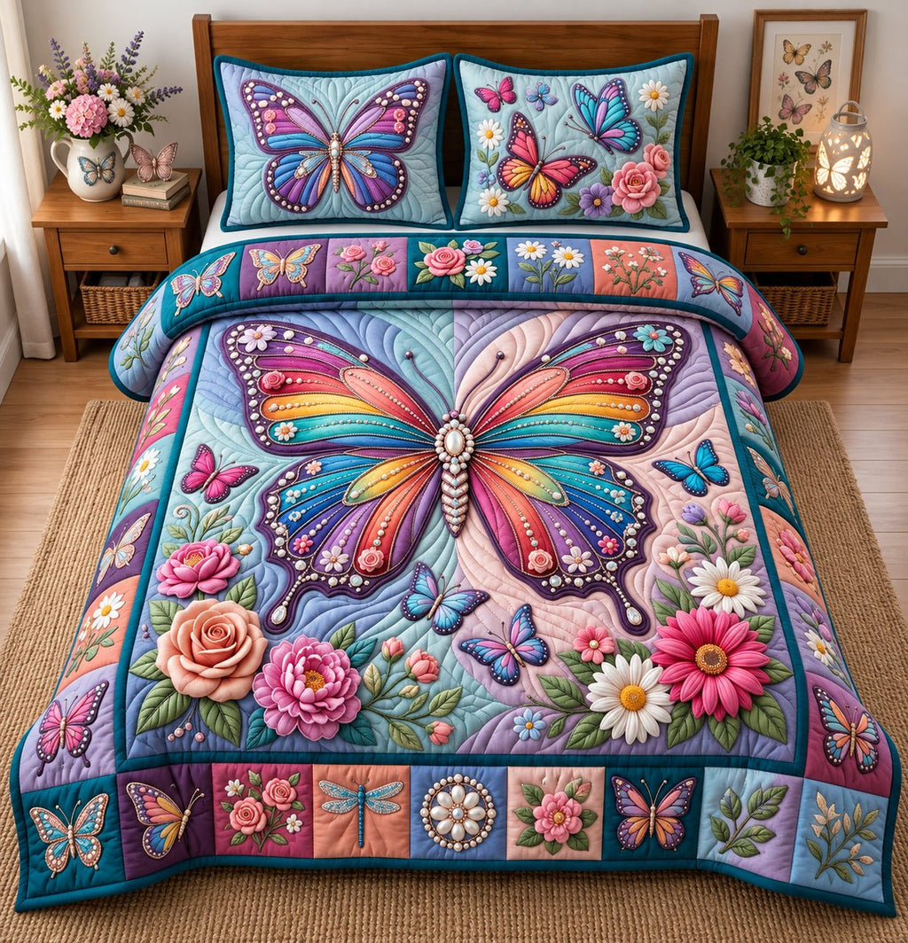 Jeweled Rainbow Butterfly quilted 3-piece bedding set on a made bed with two matching pillow shams
